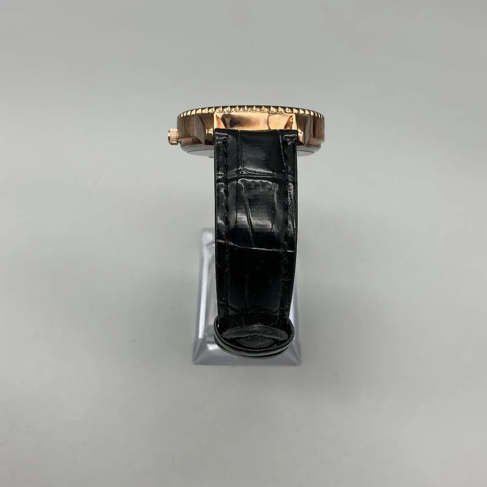 Stauer Womens Watch 38mm Silver Gold Tone Crystals Black Leather Strap